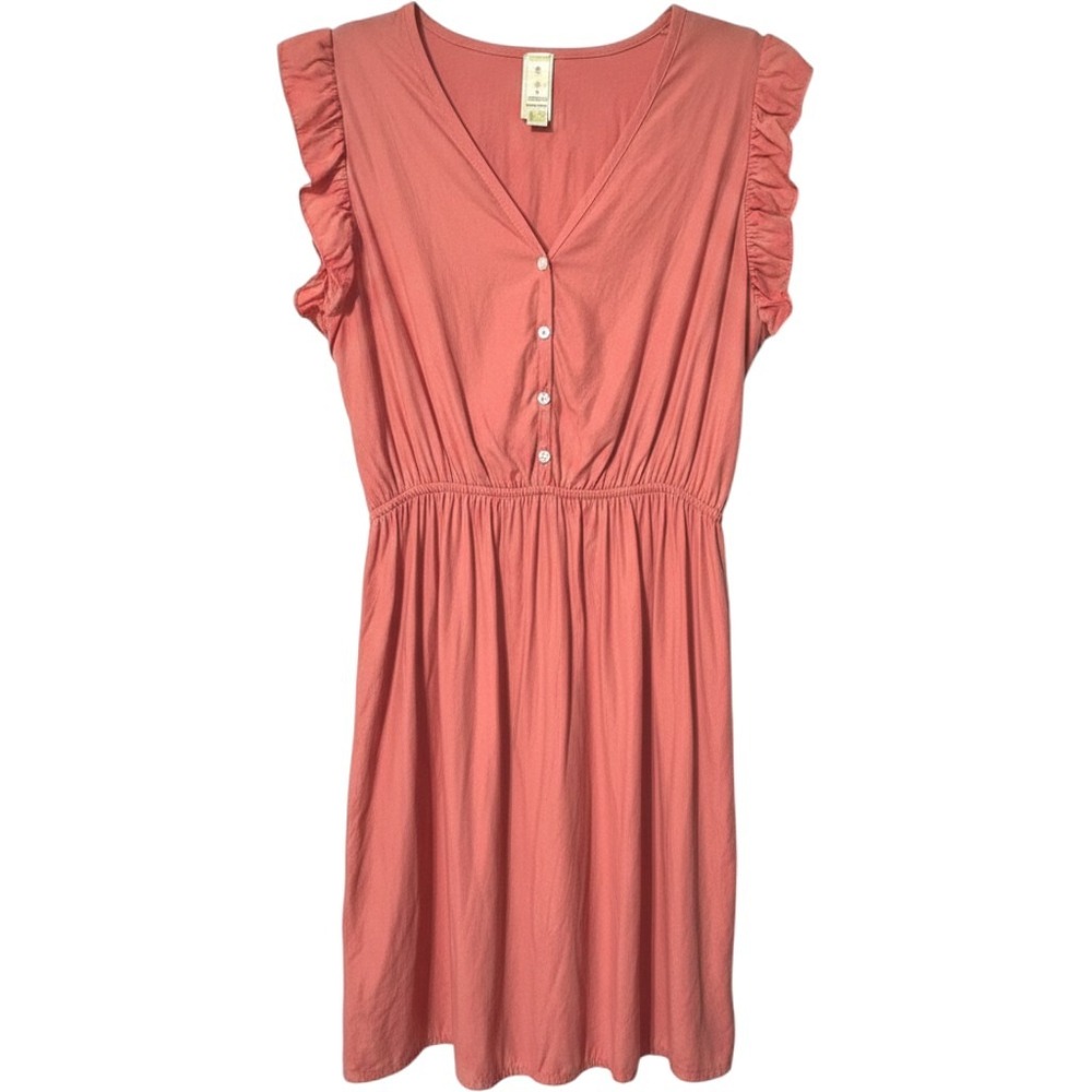 Bee Stitched Dress Women Large Coral Ruffle Sleeve Button V-Neck Elastic Waist